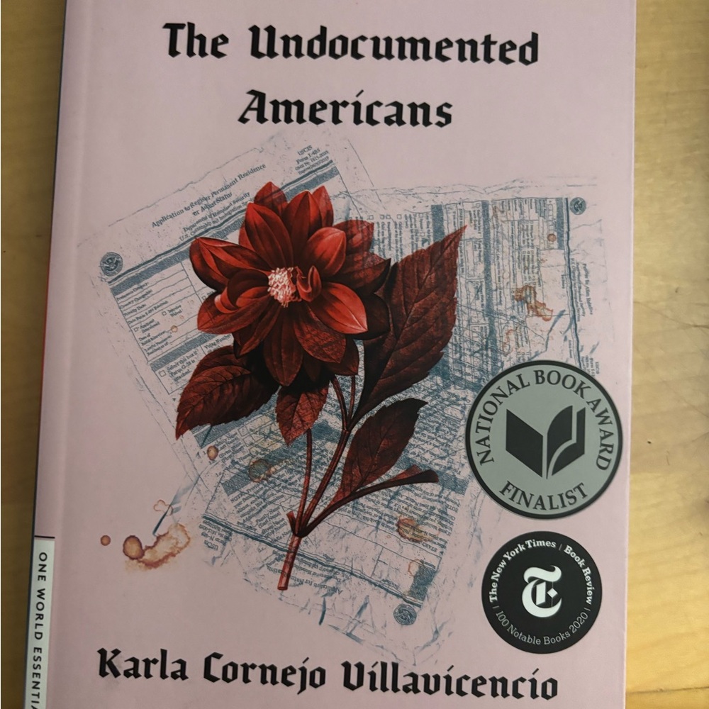 Karla Cornejo Villavicencio Pink Book Cover with Red Floral Illustration